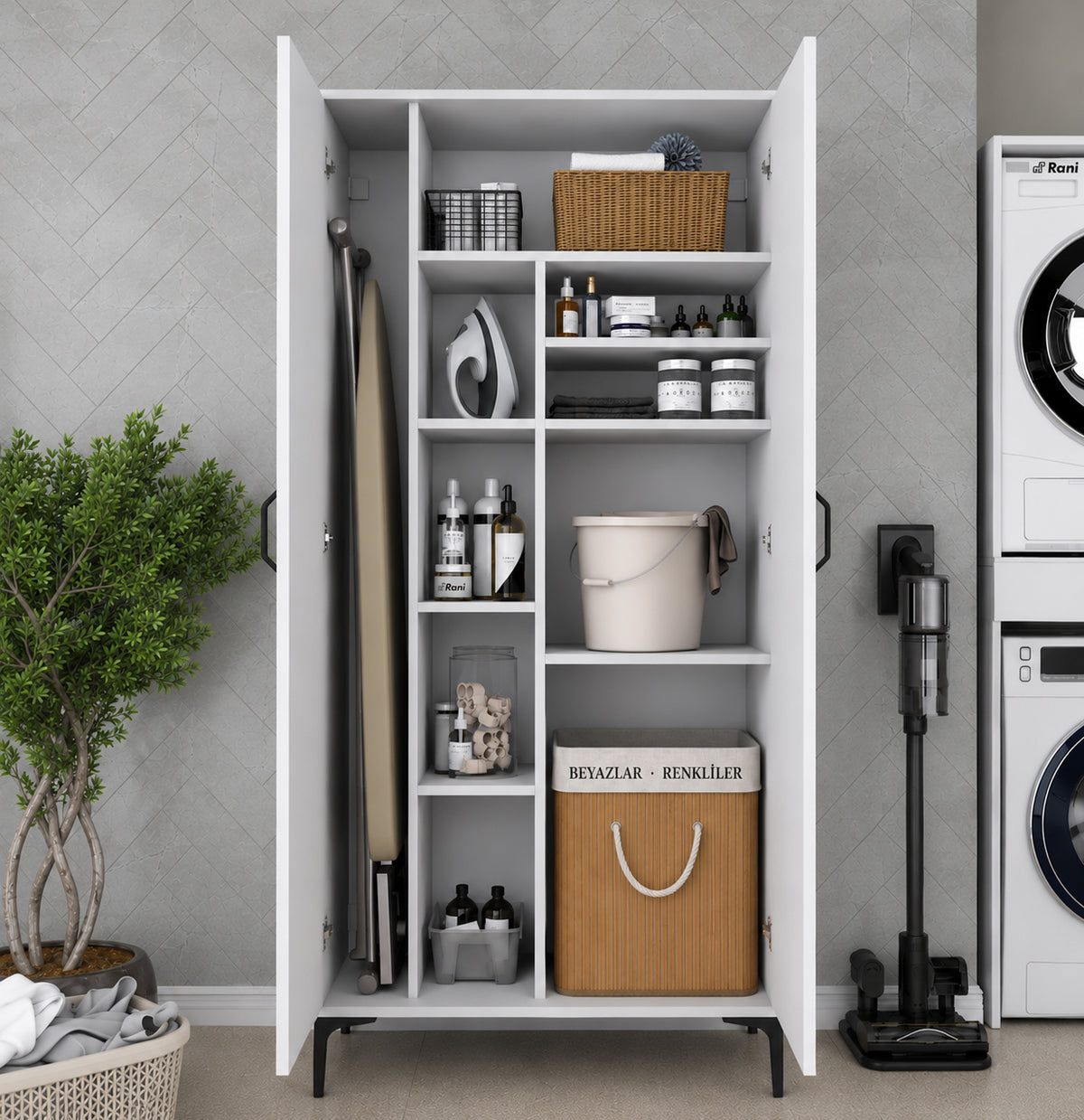 Rani KC103 Banyo Dolabı 2 Kapaklı 7 Raflı Çok Amaçlı Dolap Beyaz