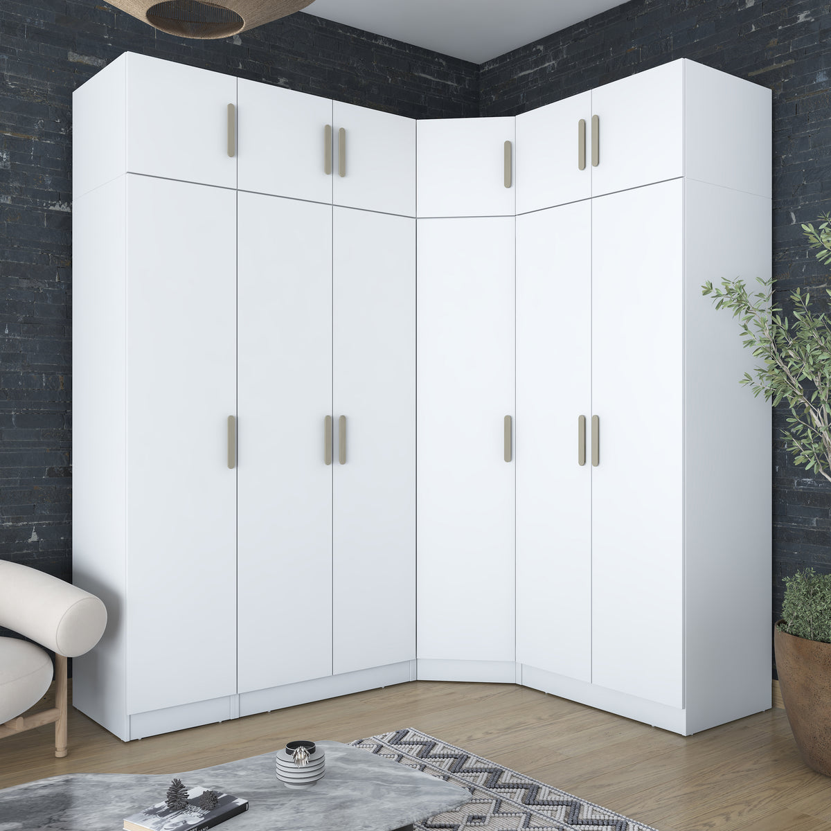 Rani BA229 Modüler Köşe Gardırop 6 Kapaklı Raflı Askılı Elbise Dolabı Beyaz
