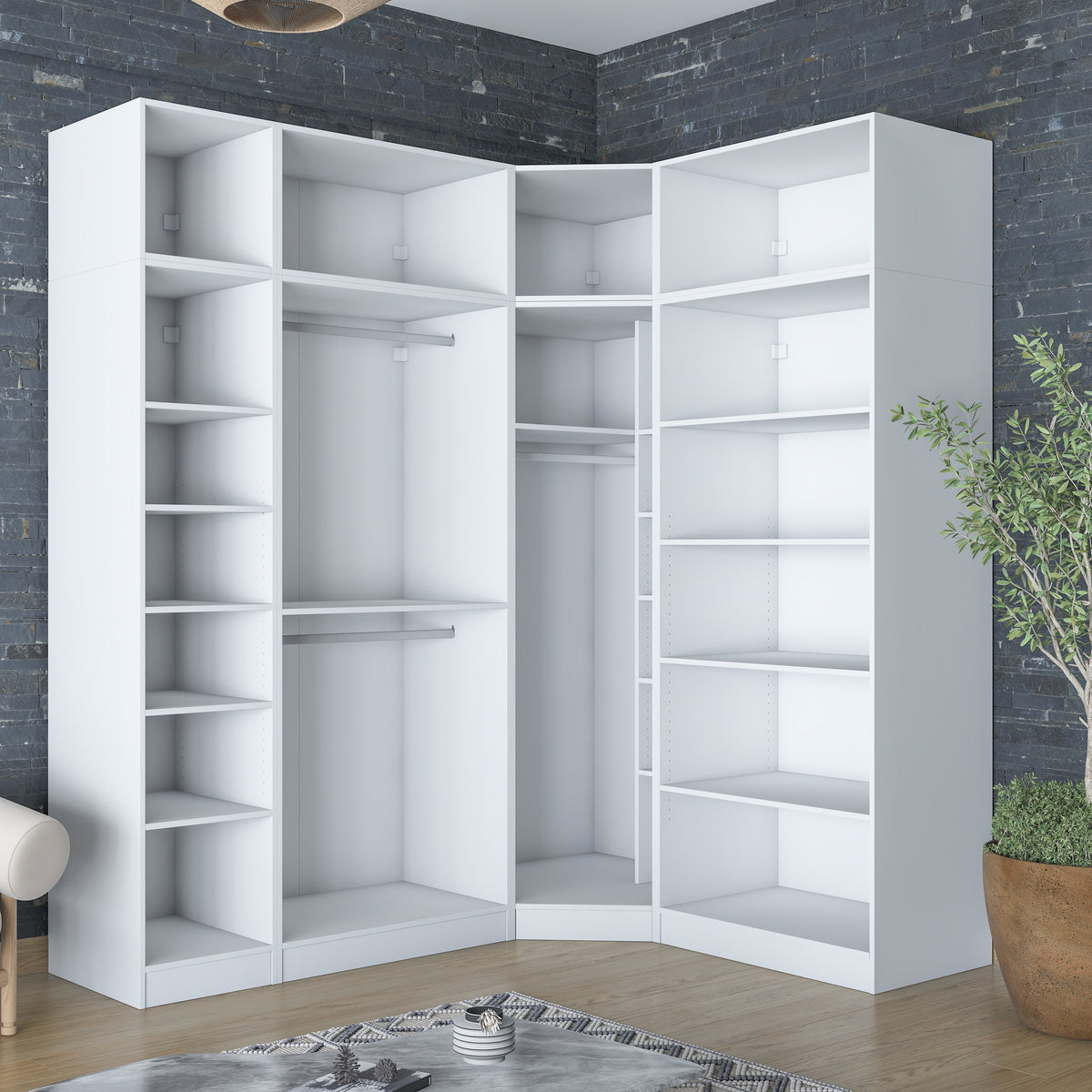 Rani BA229 Modüler Köşe Gardırop 6 Kapaklı Raflı Askılı Elbise Dolabı Beyaz