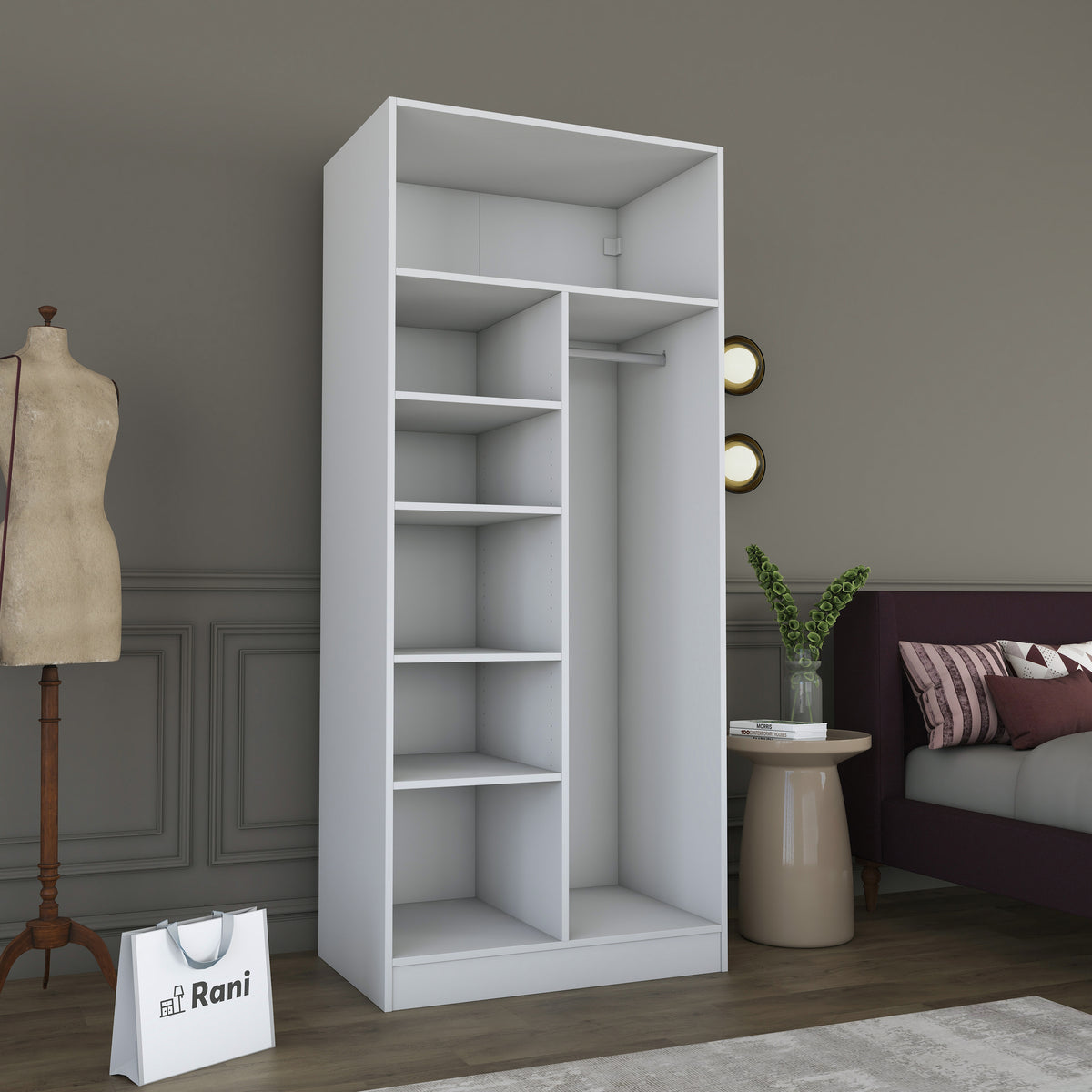 Rani BA225 Membran Kapaklı Gardırop 2 Kapaklı 5 Raflı Askılı Elbise Dolabı Beyaz