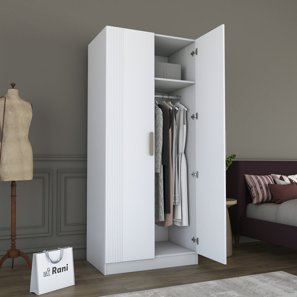 Rani BA225 Membran Kapaklı Gardırop 2 Kapaklı 5 Raflı Askılı Elbise Dolabı Beyaz