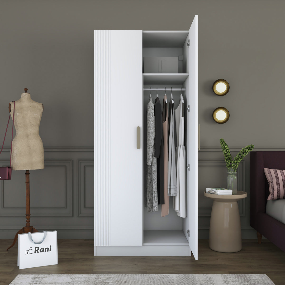 Rani BA225 Membran Kapaklı Gardırop 2 Kapaklı 5 Raflı Askılı Elbise Dolabı Beyaz