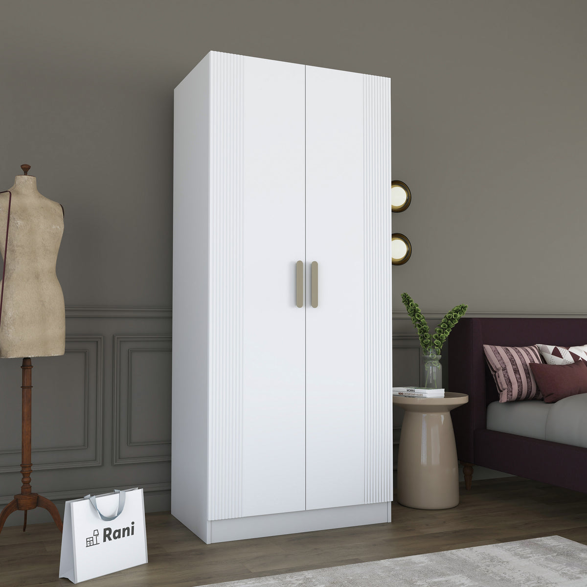 Rani BA225 Membran Kapaklı Gardırop 2 Kapaklı 5 Raflı Askılı Elbise Dolabı Beyaz