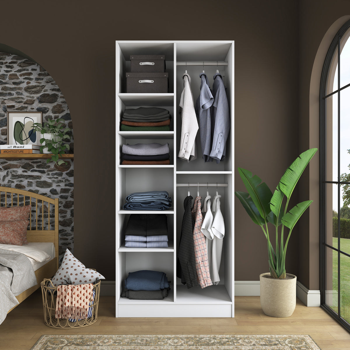 Rani BA222 Membran Kapaklı Gardırop 2 Kapaklı 6 Raflı 2 Askılı Elbise Dolabı Beyaz