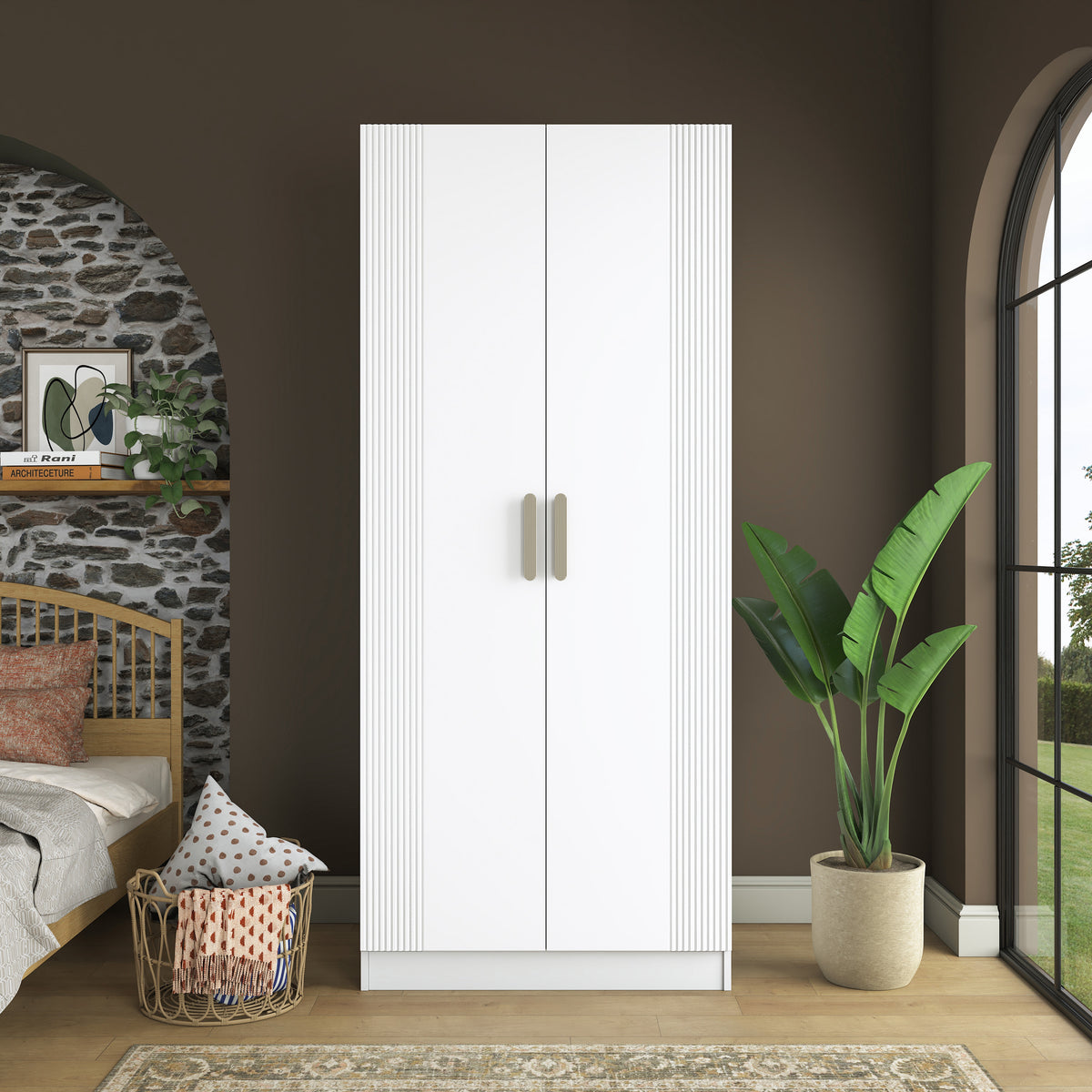 Rani BA222 Membran Kapaklı Gardırop 2 Kapaklı 6 Raflı 2 Askılı Elbise Dolabı Beyaz