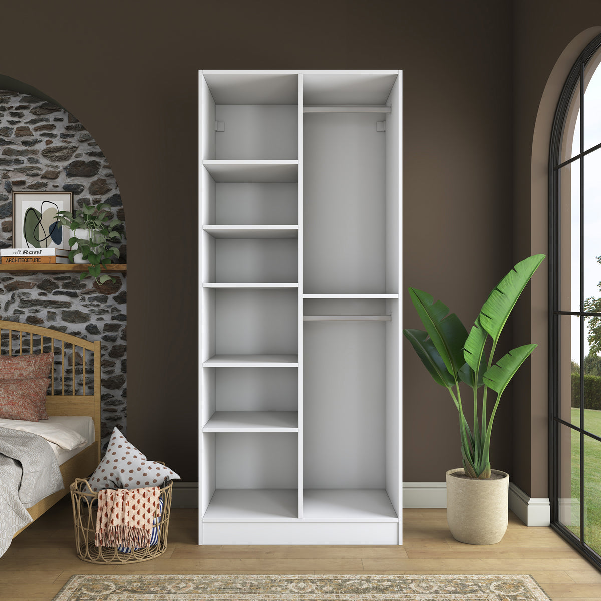 Rani BA222 Membran Kapaklı Gardırop 2 Kapaklı 6 Raflı 2 Askılı Elbise Dolabı Beyaz