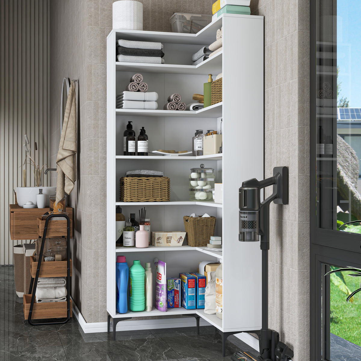 Rani KC106 Köşe Banyo Dolabı 5 Raflı Çok Amaçlı Dolap Beyaz