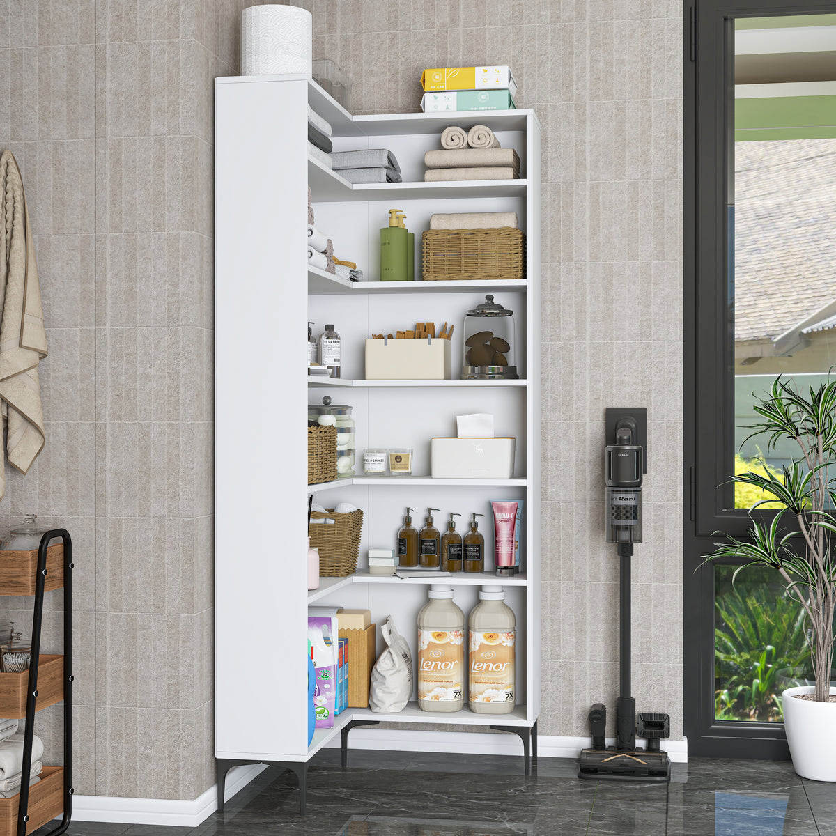 Rani KC106 Köşe Banyo Dolabı 5 Raflı Çok Amaçlı Dolap Beyaz