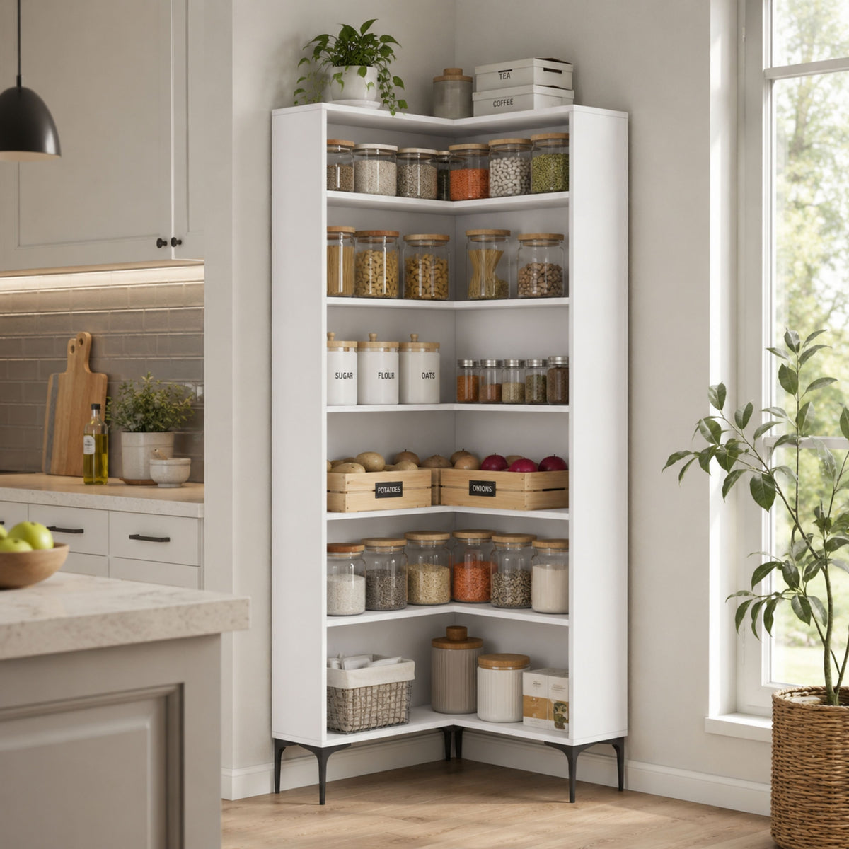 Rani KC106 Köşe Banyo Dolabı 5 Raflı Çok Amaçlı Dolap Beyaz