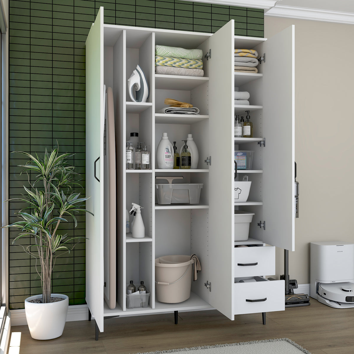 Rani KC105 Banyo Dolabı 3 Kapaklı 13 Raflı 2 Çekmeceli Çok Amaçlı Dolap Beyaz