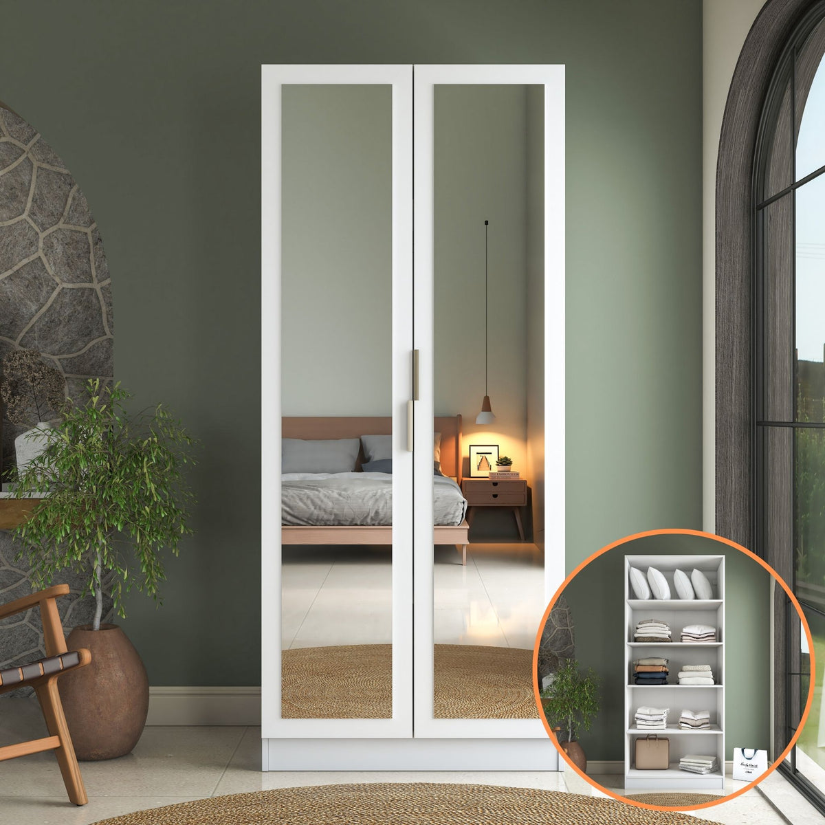 Rani BA231 Ayna Kapaklı Gardırop 4 Raflı 2 Kapaklı Elbise Dolabı Beyaz
