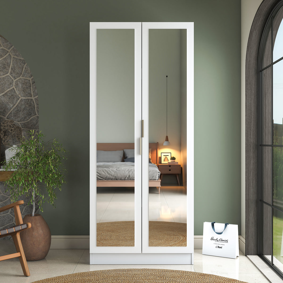 Rani BA231 Ayna Kapaklı Gardırop 4 Raflı 2 Kapaklı Elbise Dolabı Beyaz