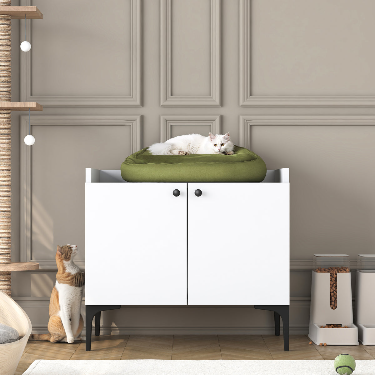 Rani PA101 Kedi Mobilyası Çok Amaçlı Dolap Gizli Kedi Tuvalet Dolabı Kedi Evi Beyaz