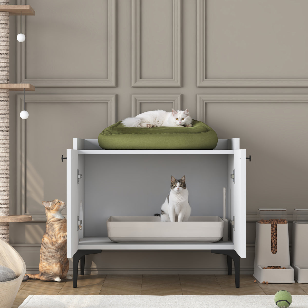 Rani PA101 Kedi Mobilyası Çok Amaçlı Dolap Gizli Kedi Tuvalet Dolabı Kedi Evi Beyaz
