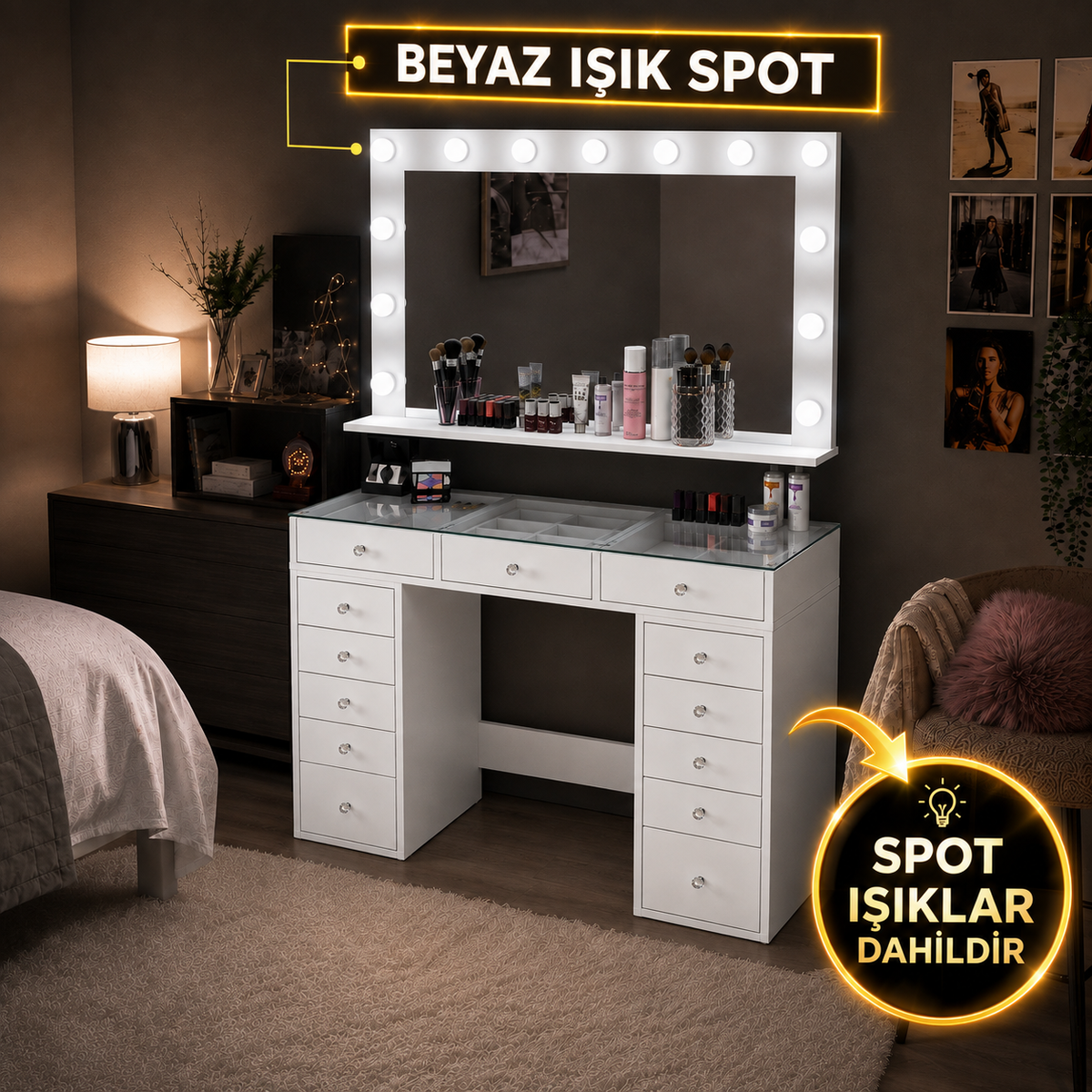Rani BJ195 Makyaj Masası 13 Çekmeceli Cam Tablalı Takı Düzenleyici Beyaz