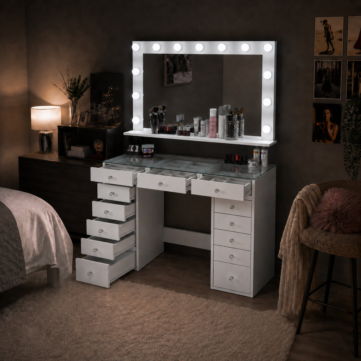 Rani BJ195 Makyaj Masası 13 Çekmeceli Cam Tablalı Takı Düzenleyici Beyaz