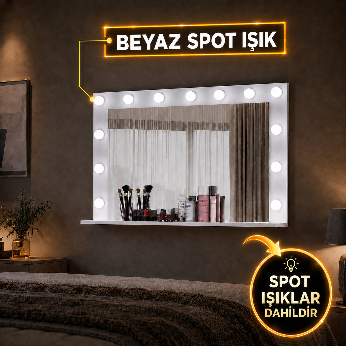 Rani EF110 Hollywood Işıklı Ayna Kulis Makyaj Aynası Spot Işıklar Dahil Ayna Beyaz