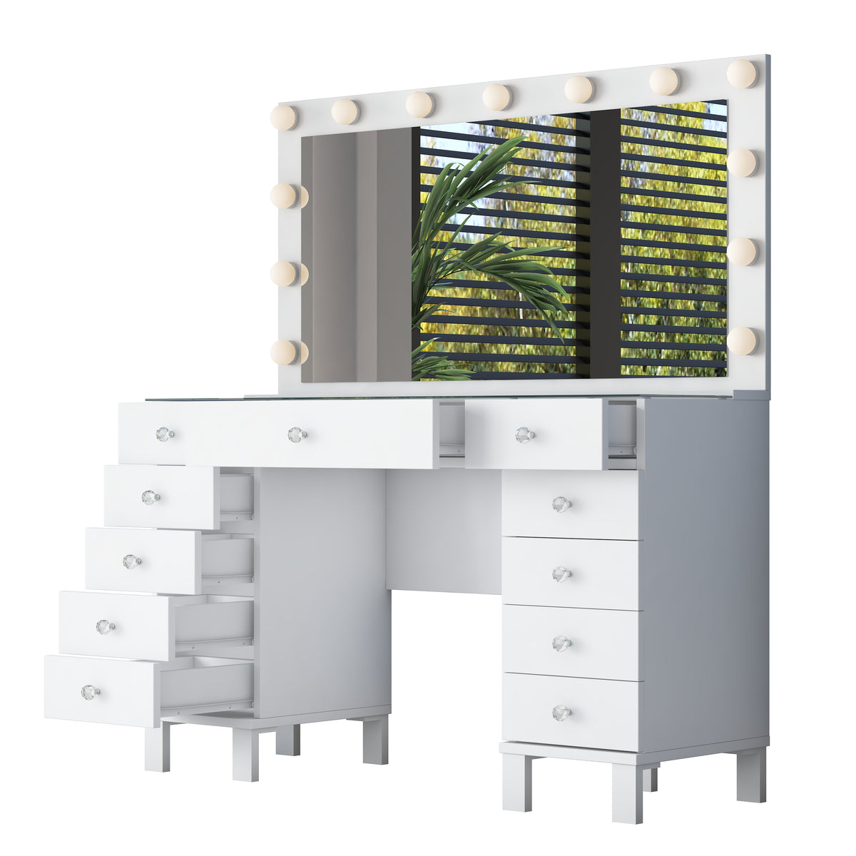 Rani BJ199 Hollywood Işıklı Aynalı Kulis Makyaj Masası Cam Tablalı 11 Çekmeceli Takı Düzenleyici Günışığı