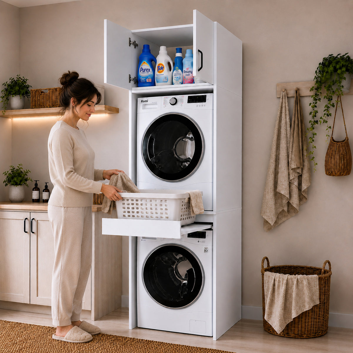Rani KD116 Çamaşır Ve Kurutma Makinesi Dolabı Çekmeceli Raflı Banyo Dolabı Beyaz