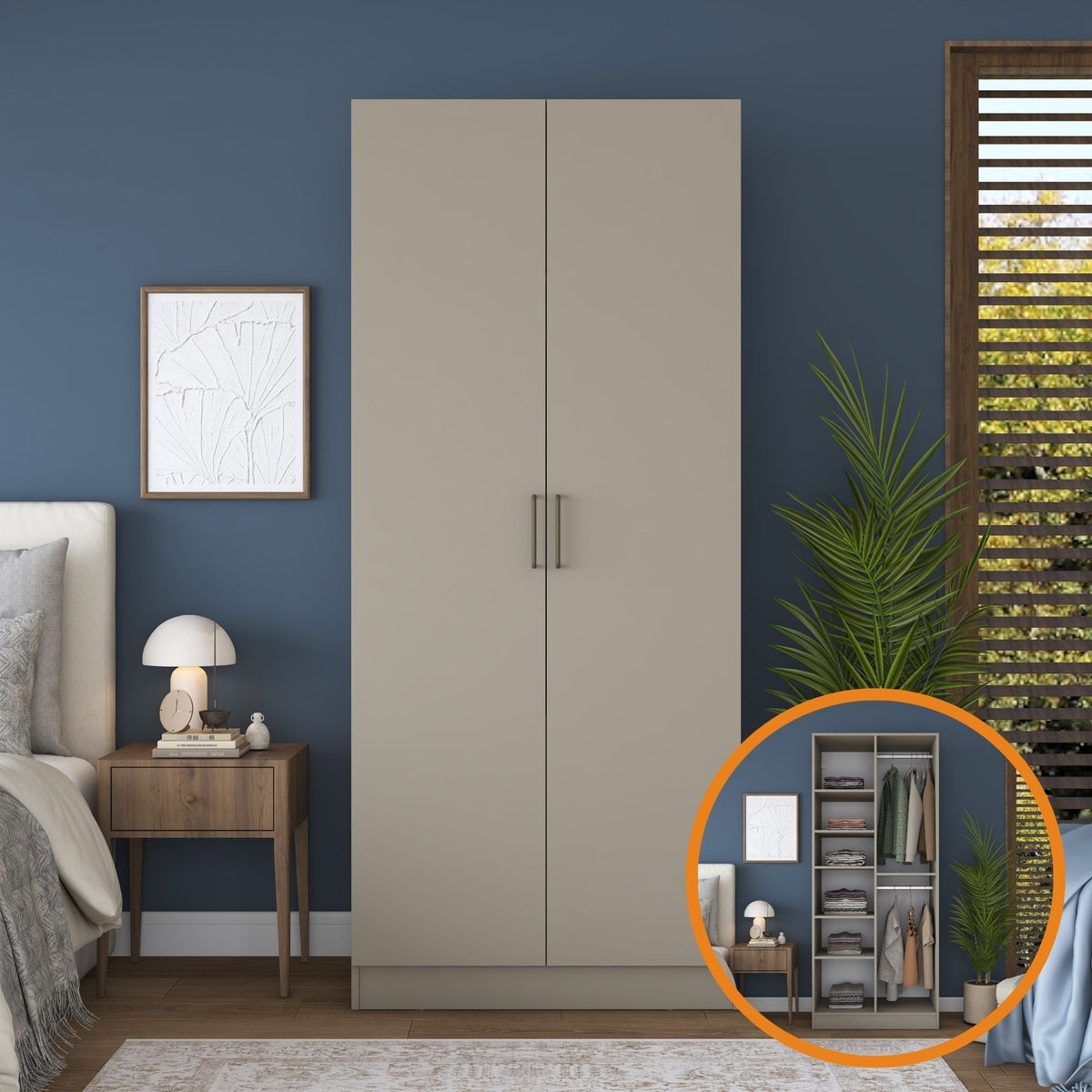 Rani BA241 Gardırop 2 Kapaklı 6 Raflı 2 Askılı Elbise Dolabı Kumtaşı
