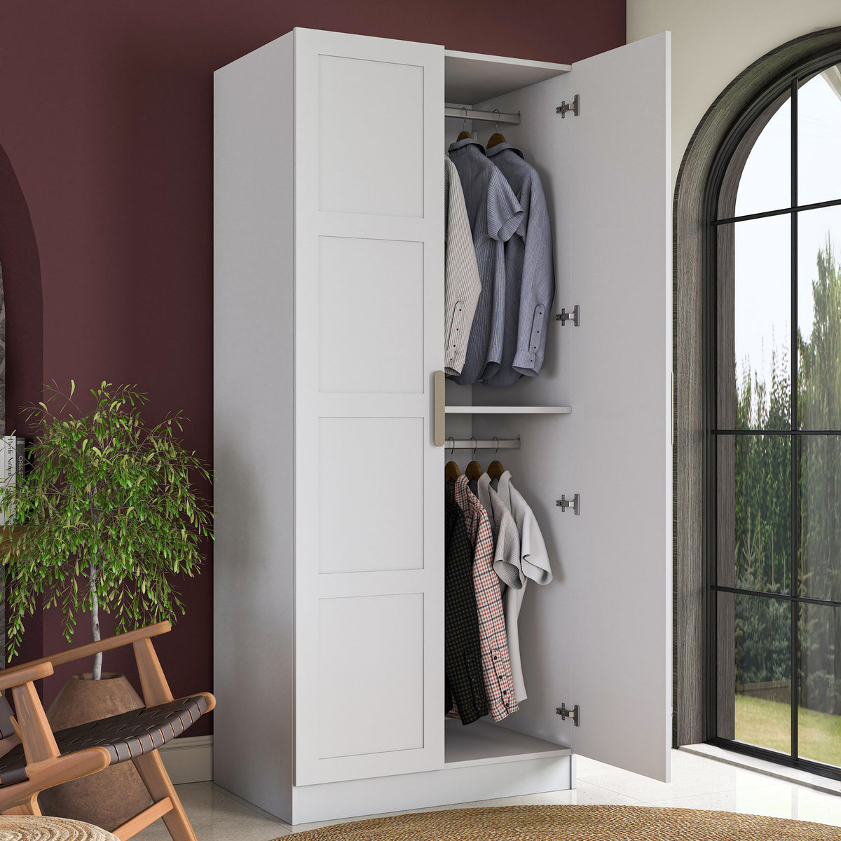 Rani BA221 Membran Kapaklı Gardırop 6 Raflı 2 Kapaklı 2 Askılı Elbise Dolabı Beyaz