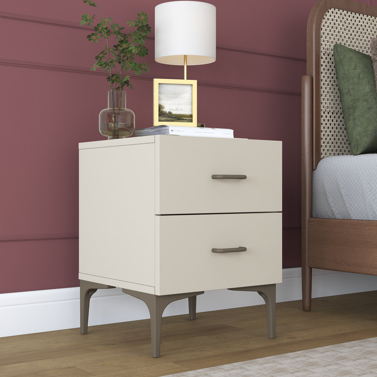 Rani BD115 Modern Komodin 2 Çekmeceli Ayaklı Yatak Odası Kumtaşı