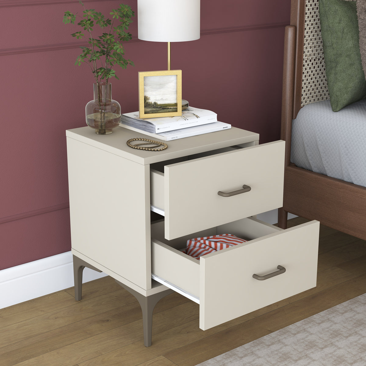 Rani BD115 Modern Komodin 2 Çekmeceli Ayaklı Yatak Odası Kumtaşı