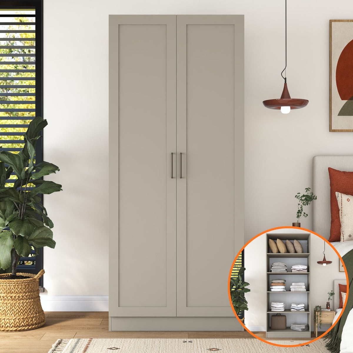 Rani BA306 Membran Kapaklı Gardırop 2 Kapaklı 4 Raflı Elbise Dolabı Kumtaşı