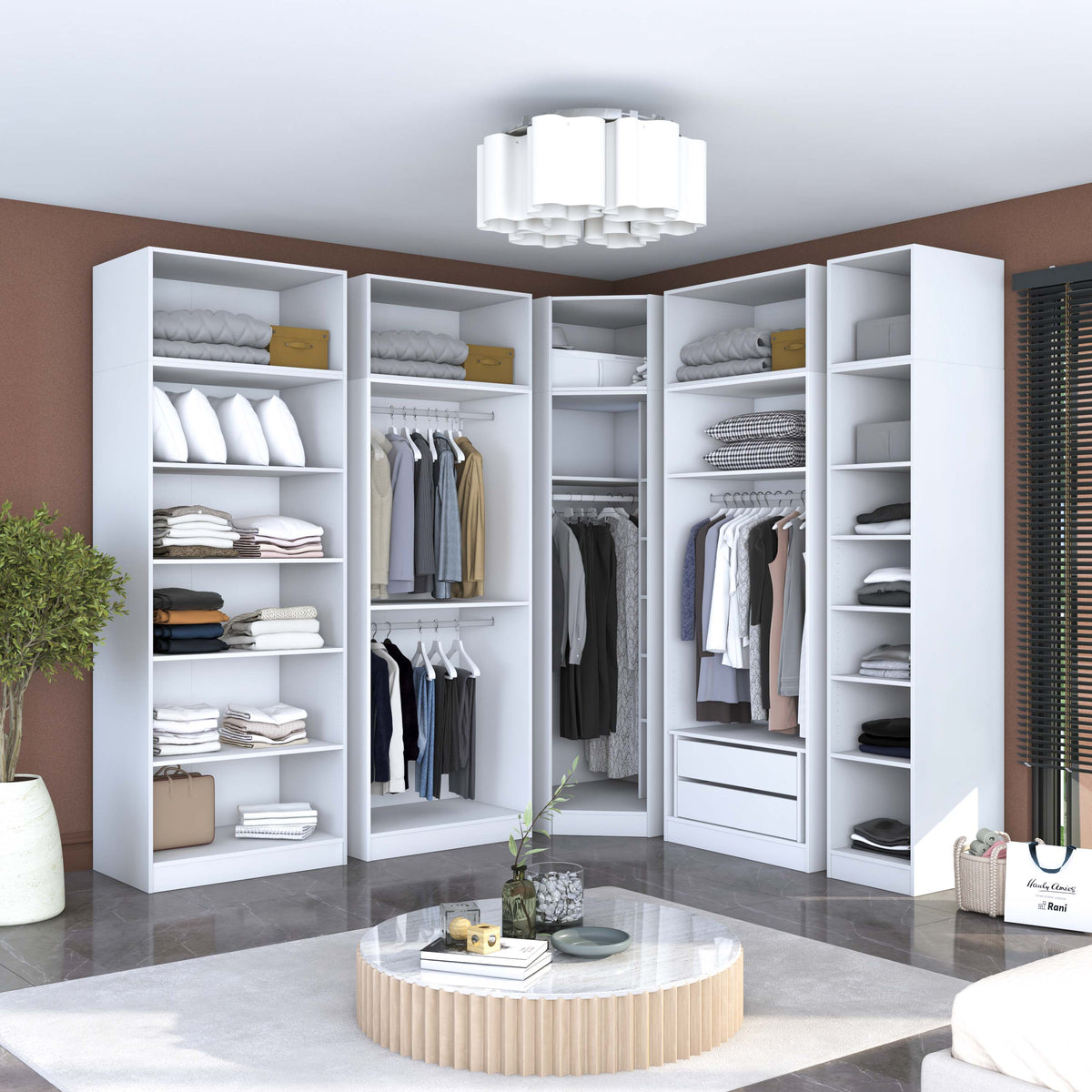 Rani BA214 Modüler Gardırop 8 Kapaklı Raflı Askılı Çekmeceli Elbise Dolabı Beyaz