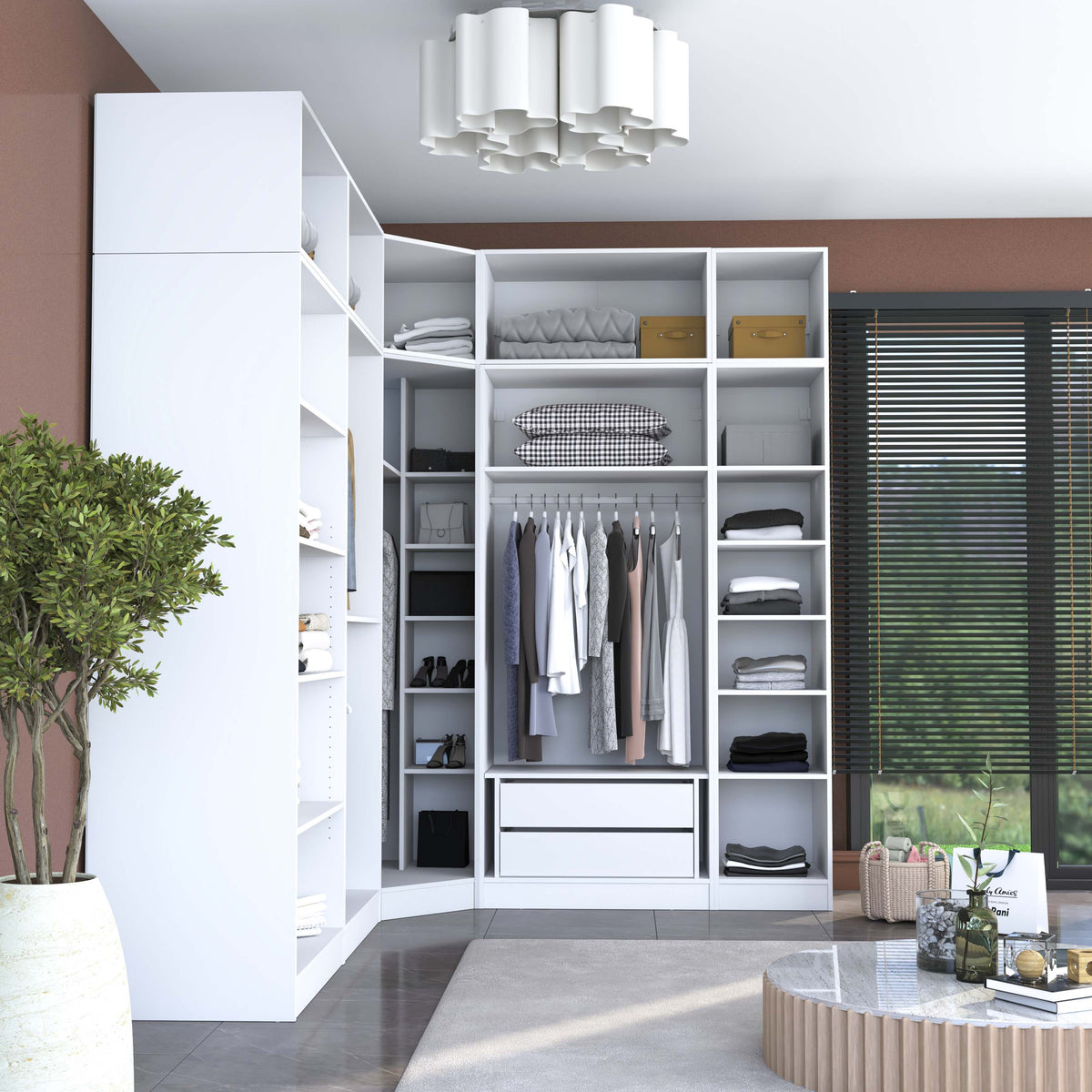 Rani BA214 Modüler Gardırop 8 Kapaklı Raflı Askılı Çekmeceli Elbise Dolabı Beyaz