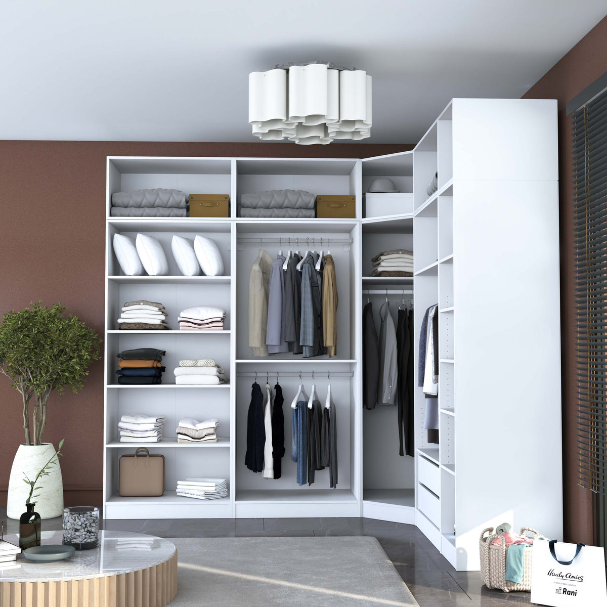 Rani BA214 Modüler Gardırop 8 Kapaklı Raflı Askılı Çekmeceli Elbise Dolabı Beyaz