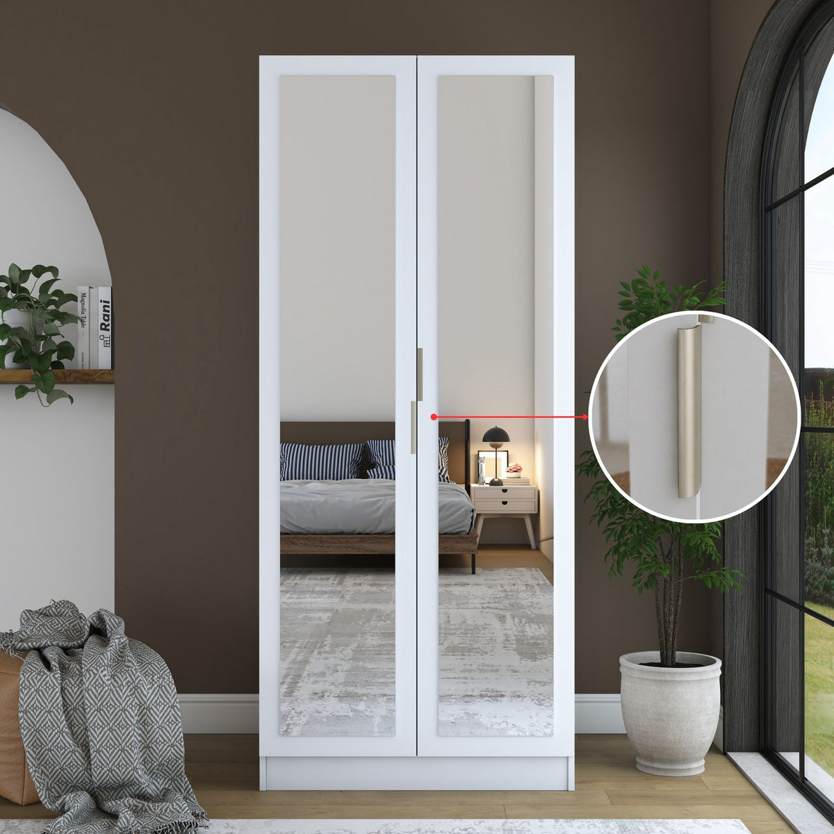 Rani BA230 Ayna Kapaklı Gardırop Raflı 2 Askılı 2 Kapaklı Elbise Dolabı Beyaz