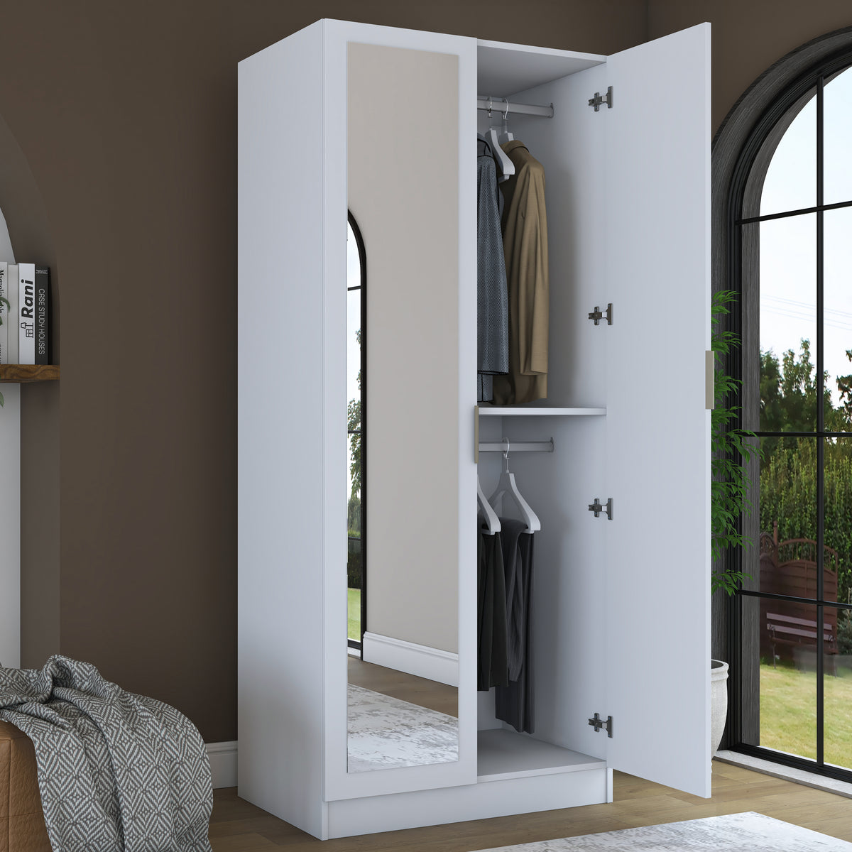 Rani BA230 Ayna Kapaklı Gardırop Raflı 2 Askılı 2 Kapaklı Elbise Dolabı Beyaz