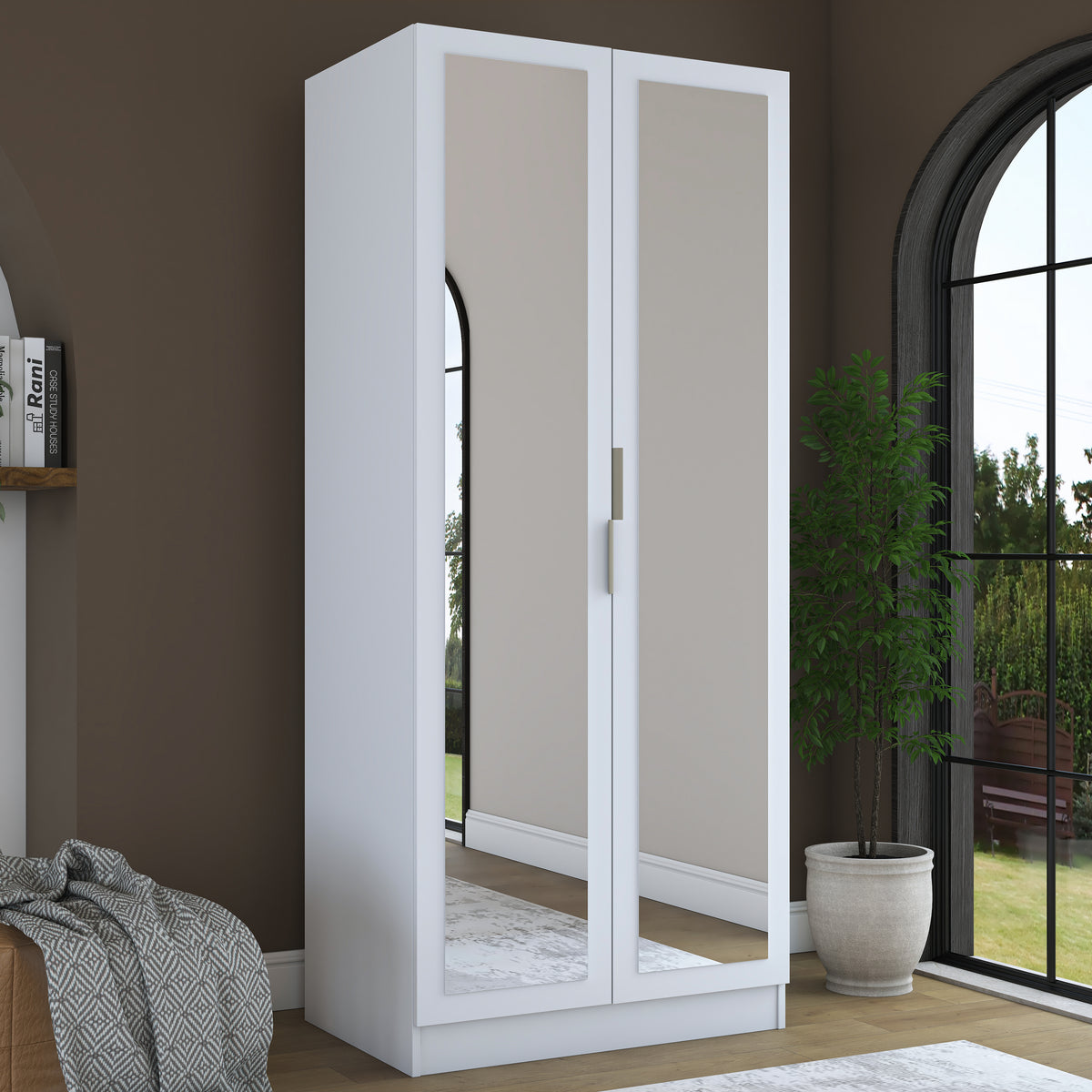 Rani BA230 Ayna Kapaklı Gardırop Raflı 2 Askılı 2 Kapaklı Elbise Dolabı Beyaz