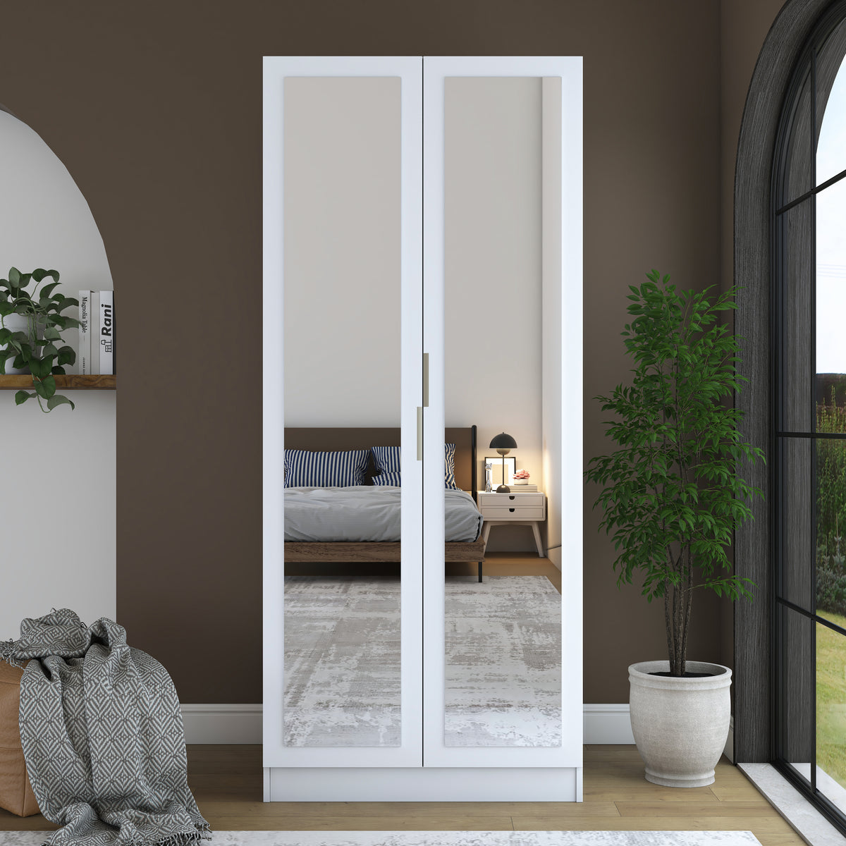 Rani BA230 Ayna Kapaklı Gardırop Raflı 2 Askılı 2 Kapaklı Elbise Dolabı Beyaz