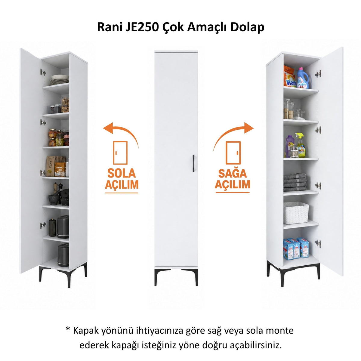 Rani JE250 Çok Amaçlı Dolap Tek Kapaklı 5 Raflı Kiler Mutfak Dolabı Beyaz