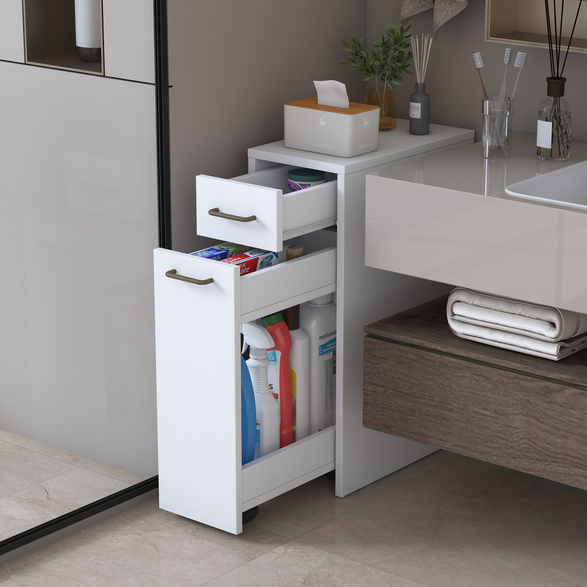 Rani KC107 Banyo Dolabı Tekerlekli  Çekmeceli Çok Amaçlı Dolap Beyaz