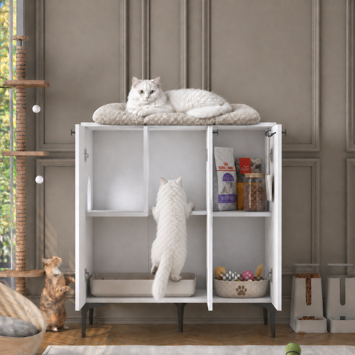 Kediler için özel giriş alanına sahip minimalist beyaz kedi mobilyası