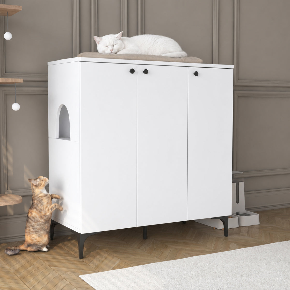 Çok amaçlı kullanım sunan gizli kedi kum kabı dolabı ve kedi evi