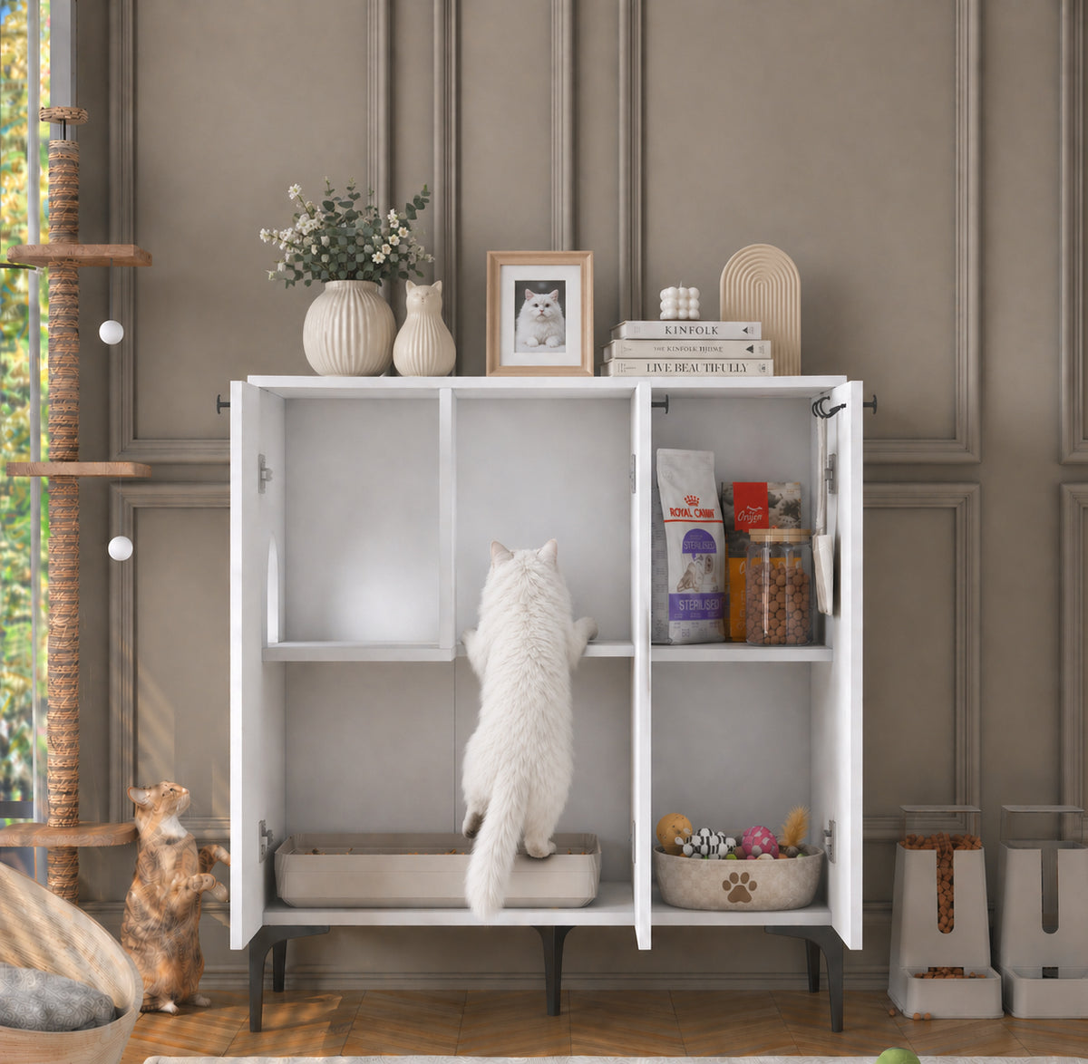 Salon ve antre kullanımına uygun beyaz kedi tuvaleti saklama dolabı