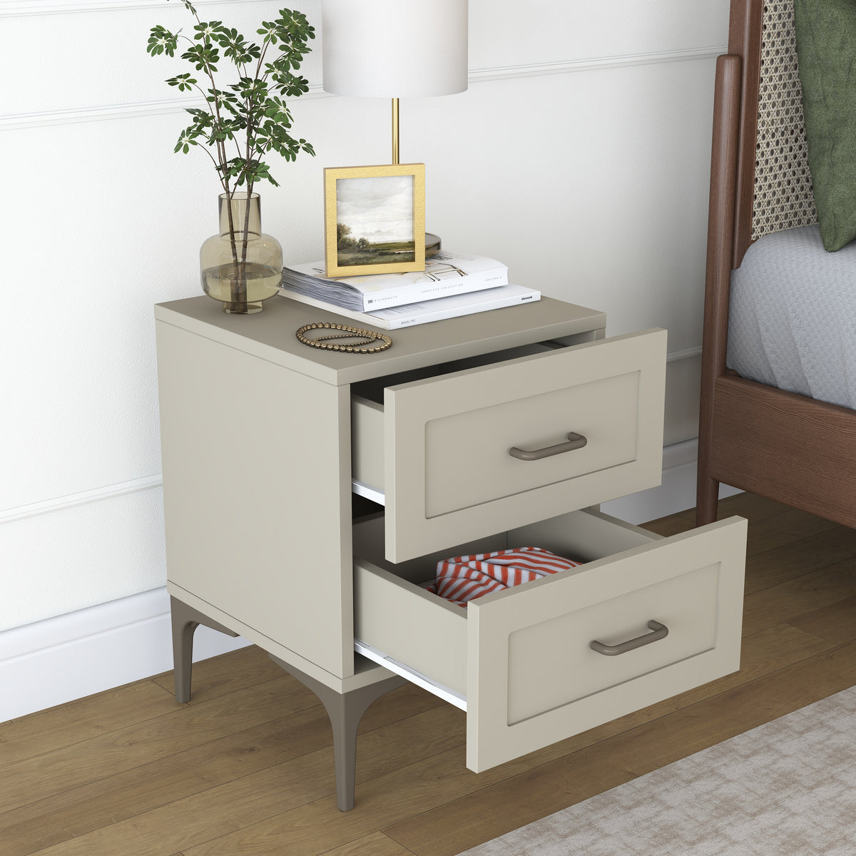 Rani BD119 Modern Membran Kapaklı Komodin 2 Çekmeceli Ayaklı Yatak Odası Kumtaşı