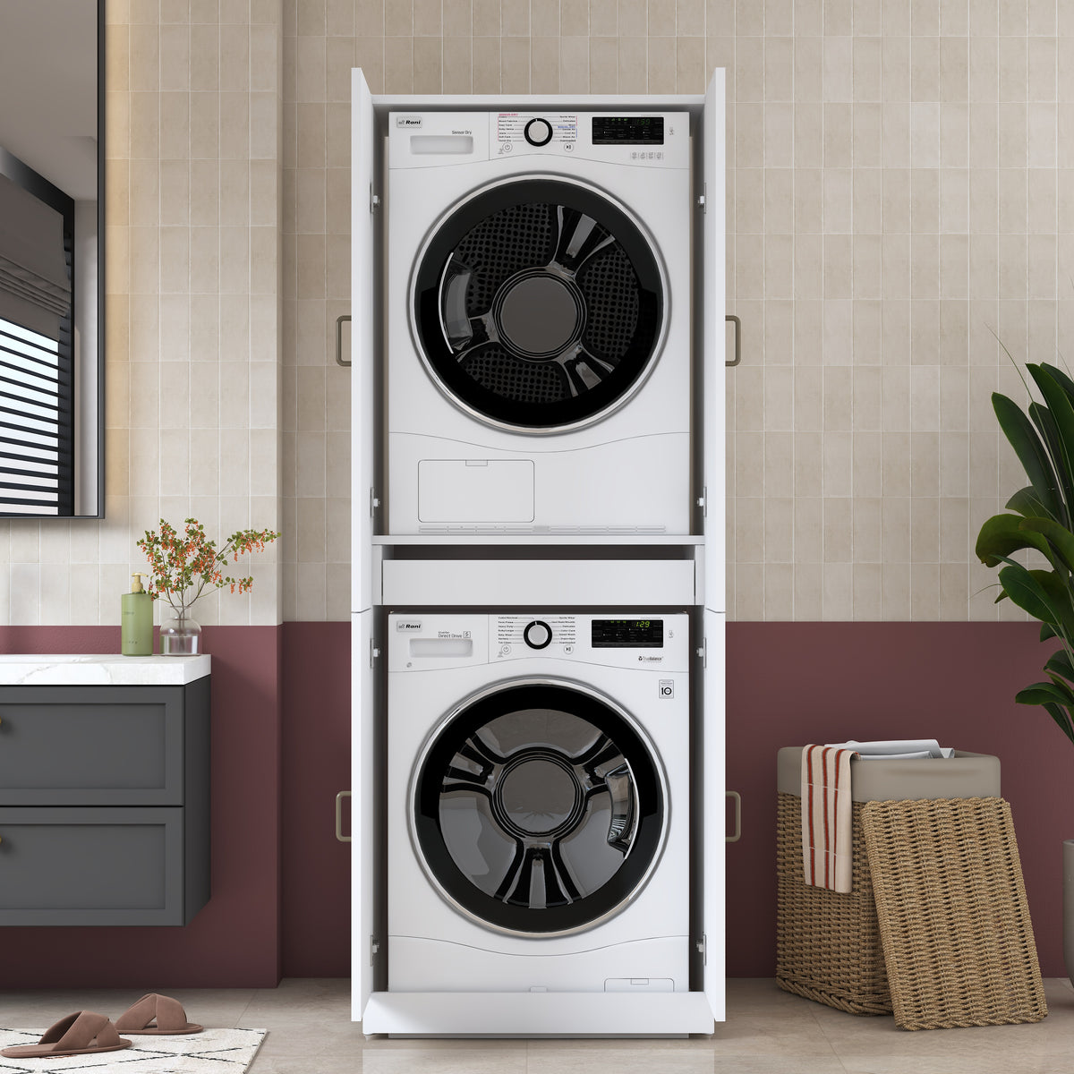 Rani KD126 Çamaşır Ve Kurutma Makinesi Dolabı 4 Kapaklı Çekmeceli Banyo Dolabı Beyaz
