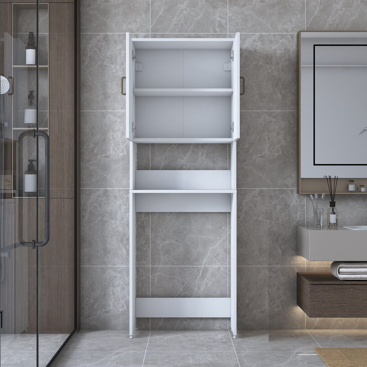 Rani KD139 Çamaşır Makinesi Dolabı 2 Kapaklı 2 Raflı Banyo Dolabı Beyaz