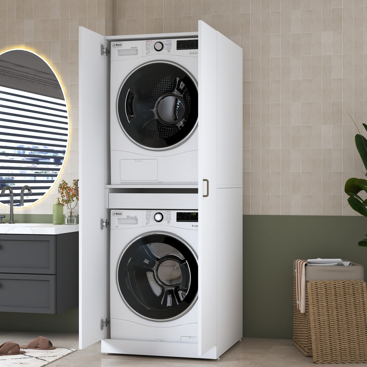 Rani KD125 Çamaşır Makinesi Dolabı 2 Kapaklı Raflı Çekmeceli Banyo Dolabı Beyaz