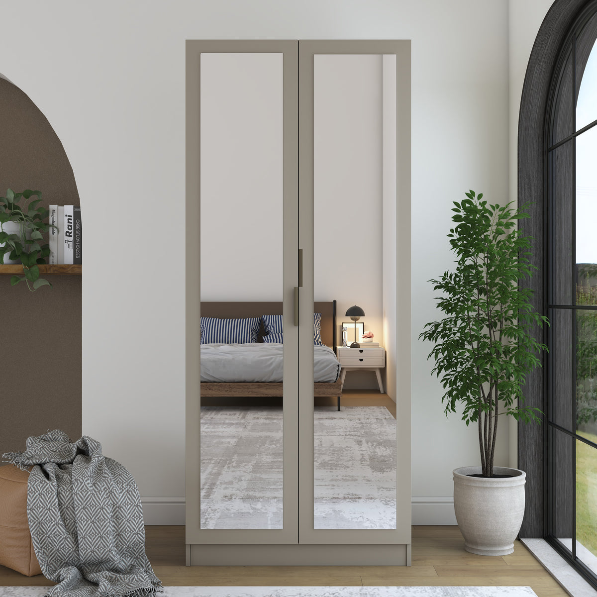 Rani BA365 Gardırop Aynalı 2 Kapaklı Raflı 2 Askılı Elbise Dolabı Kumtaşı