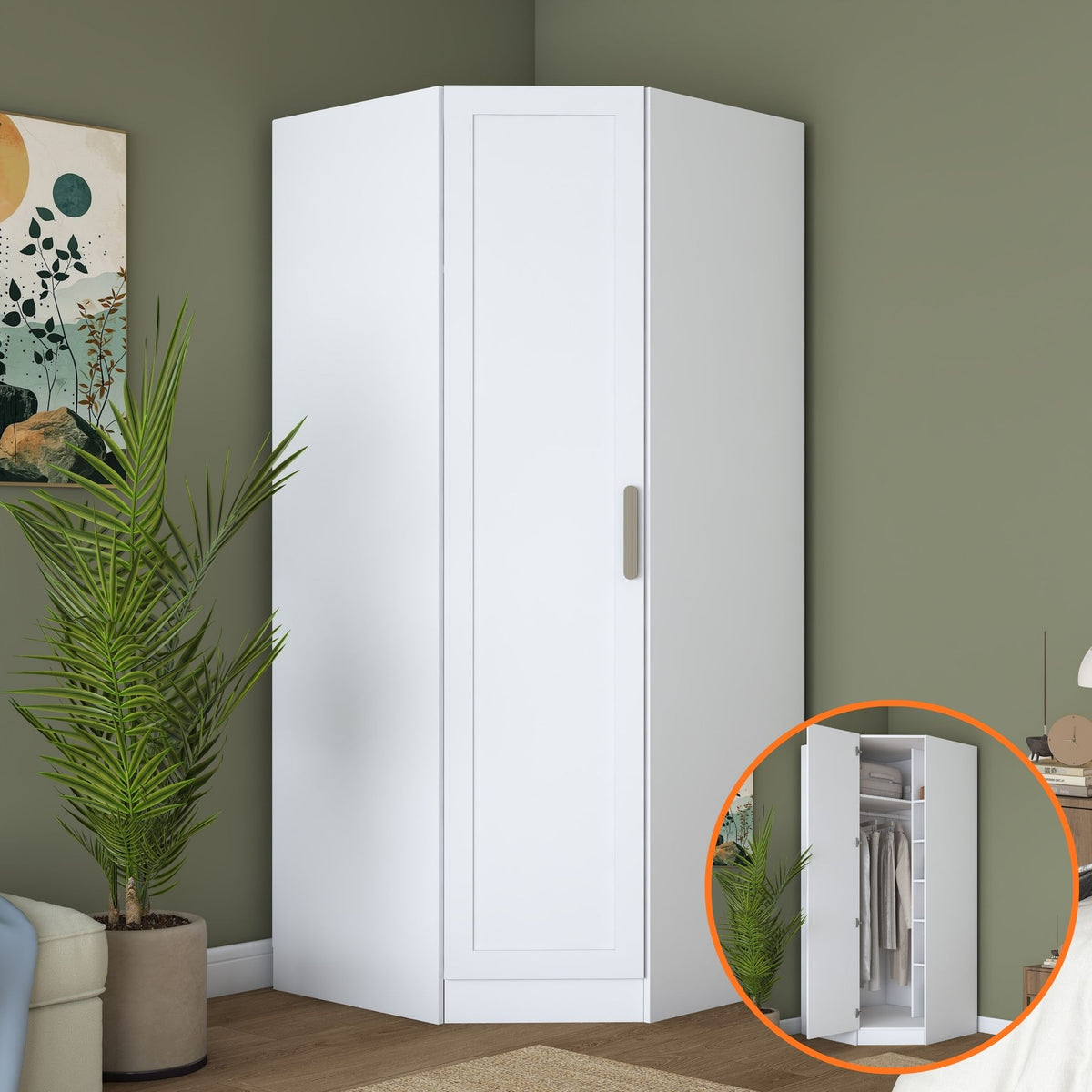 Rani BA301 Membran Kapaklı Köşe Modül Gardırop Tek Kapaklı 6 Raflı Askılı Elbise Dolabı Beyaz