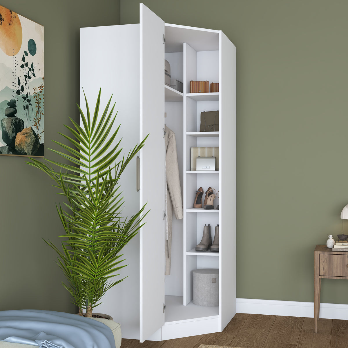 Rani BA301 Membran Kapaklı Köşe Modül Gardırop Tek Kapaklı 6 Raflı Askılı Elbise Dolabı Beyaz