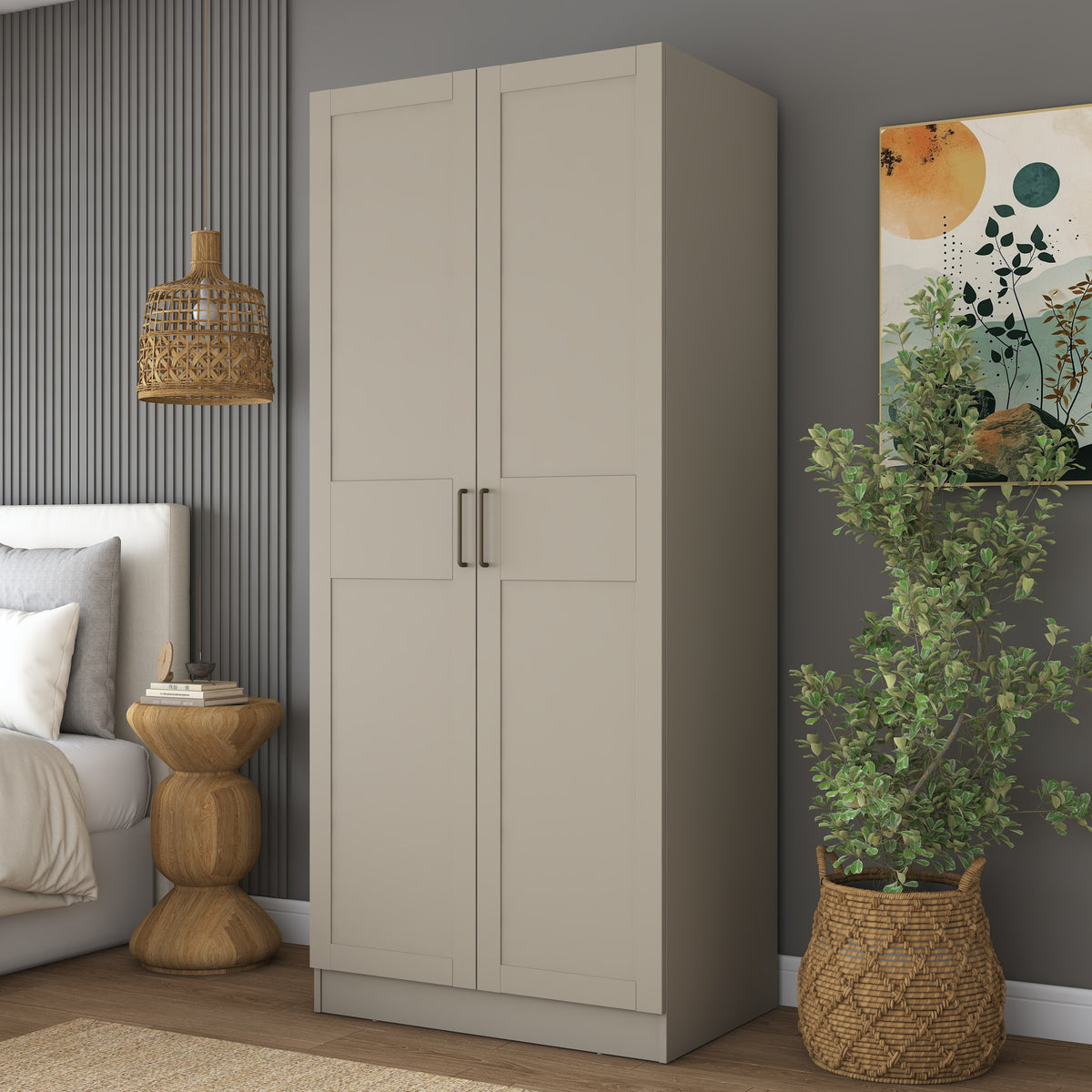 Rani BA291 Membran Kapaklı Gardırop 2 Kapaklı 6 Raflı 2 Askılı Elbise Dolabı Kumtaşı