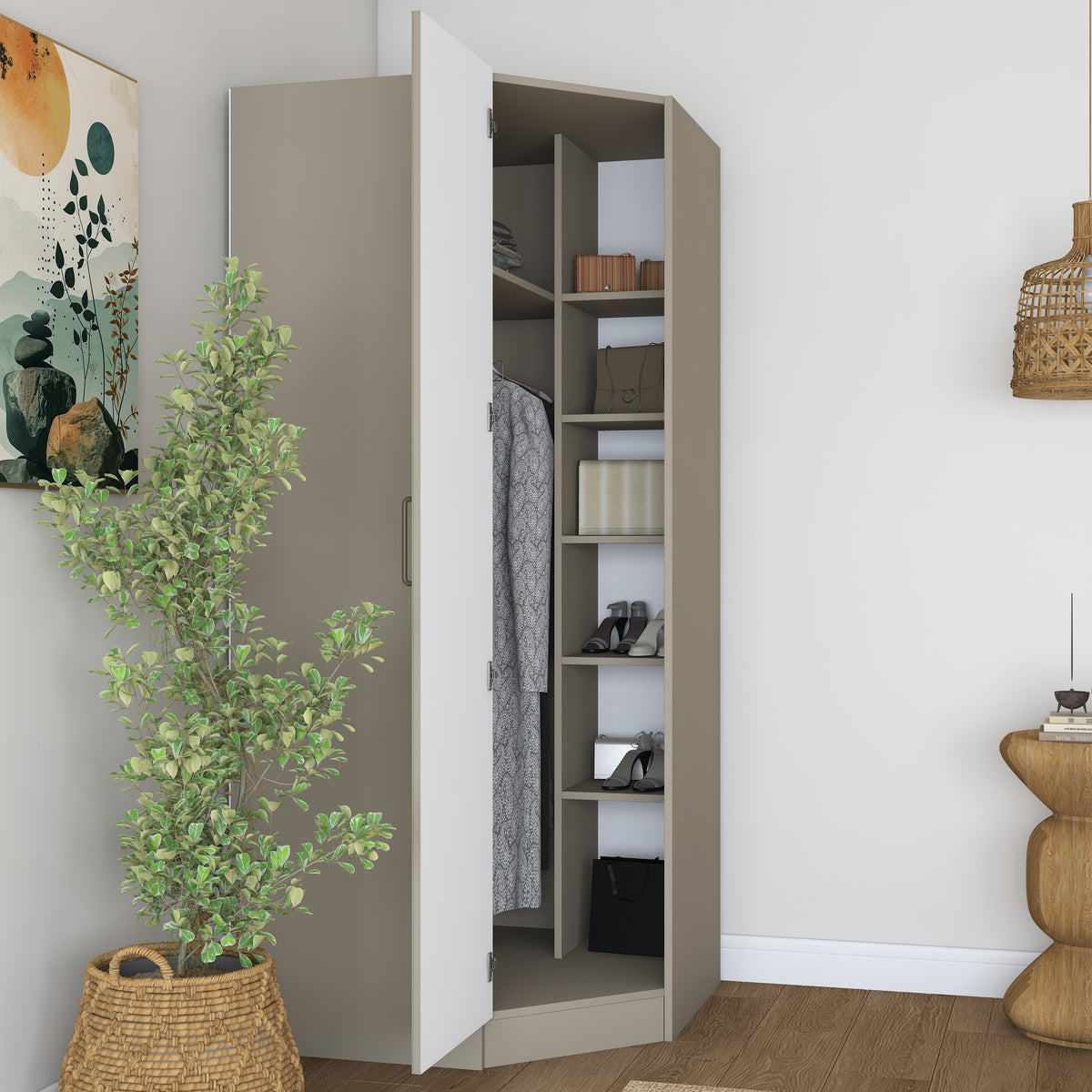 Rani BA293 Membran Kapaklı Köşe Modül Gardırop Tek Kapaklı 6 Raflı Askılı Elbise Dolabı Kumtaşı
