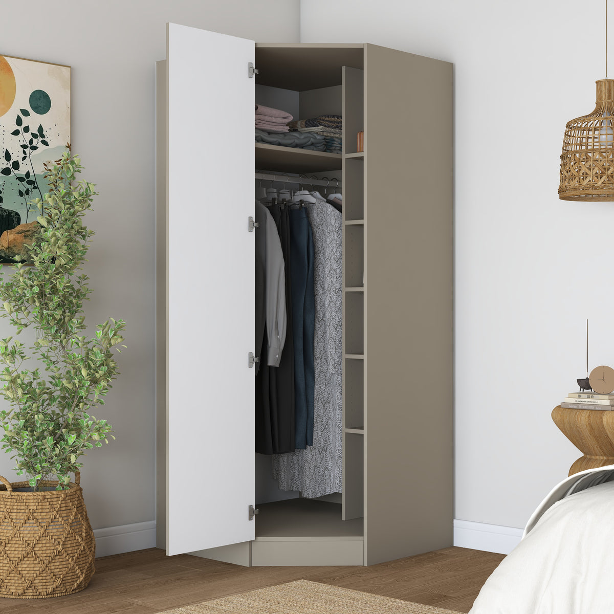 Rani BA293 Membran Kapaklı Köşe Modül Gardırop Tek Kapaklı 6 Raflı Askılı Elbise Dolabı Kumtaşı